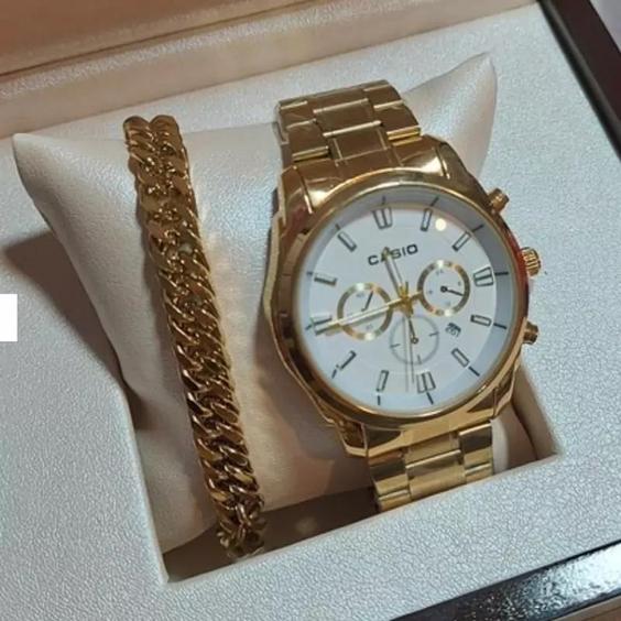 ساعت مردانه کاسیو Casio طرح سه موتور طلایی همراه دستبند کارتیر|باسلام