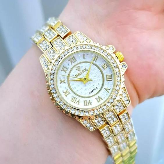 ساعت مچی زنانه فول نگین ROLEX رولکس بند استیل طلایی صفحه نمایش گرد سفید مجلسی شیک و جدید کد 3150|باسلام