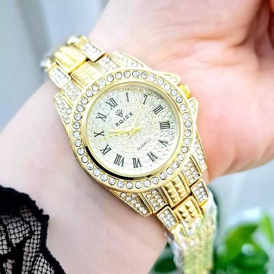 ساعت مچی زنانه فول نگین ROLEX رولکس بند استیل طلایی صفحه نمایش گرد سفید مجلسی شیک و جدید کد 3155|باسلام